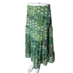 EMMA JAMES Flowy Boho Midi Skirt Paisley Earthy Summer Spring Green Bohemian